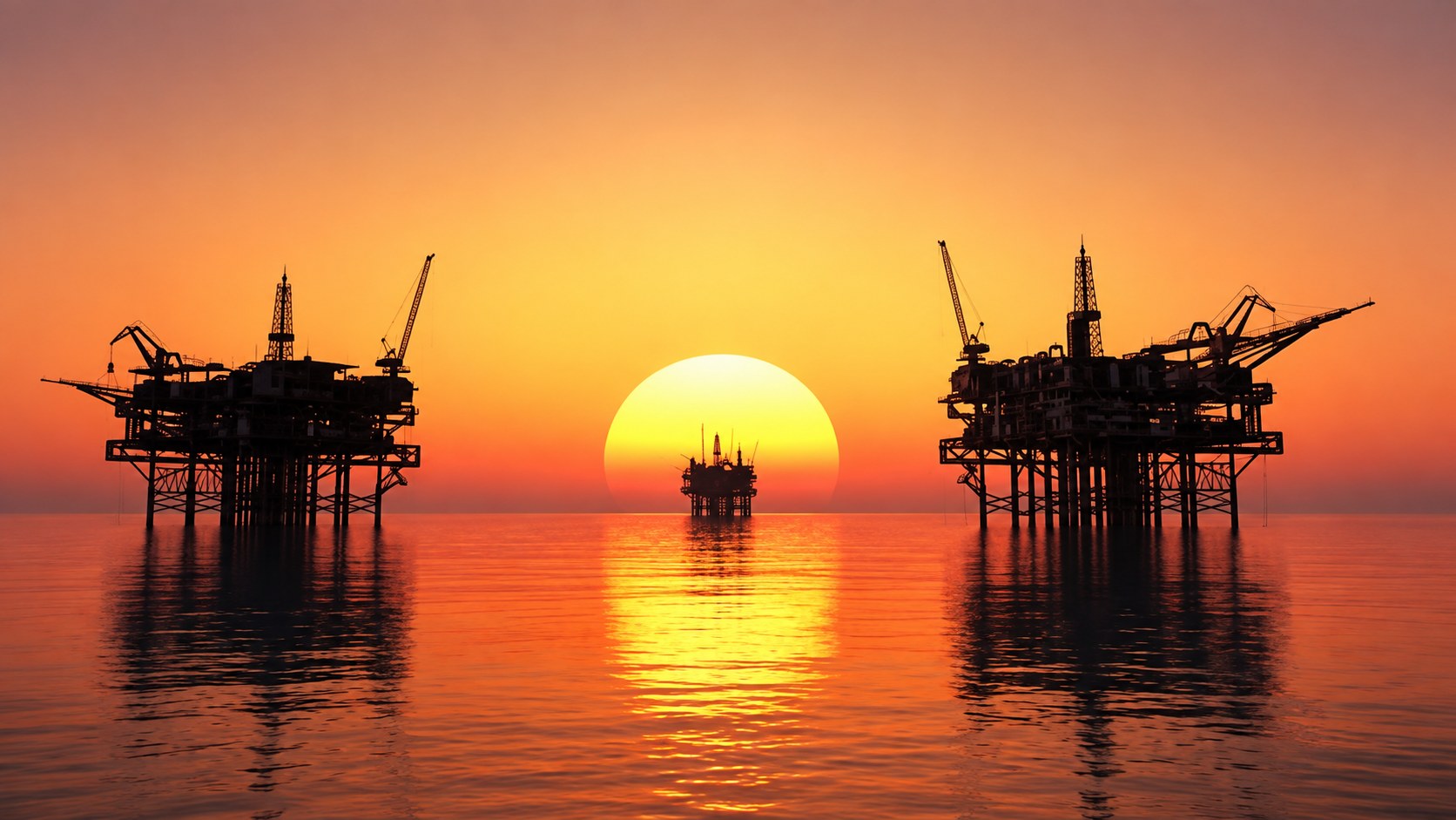 Offshore platforms at sunset
